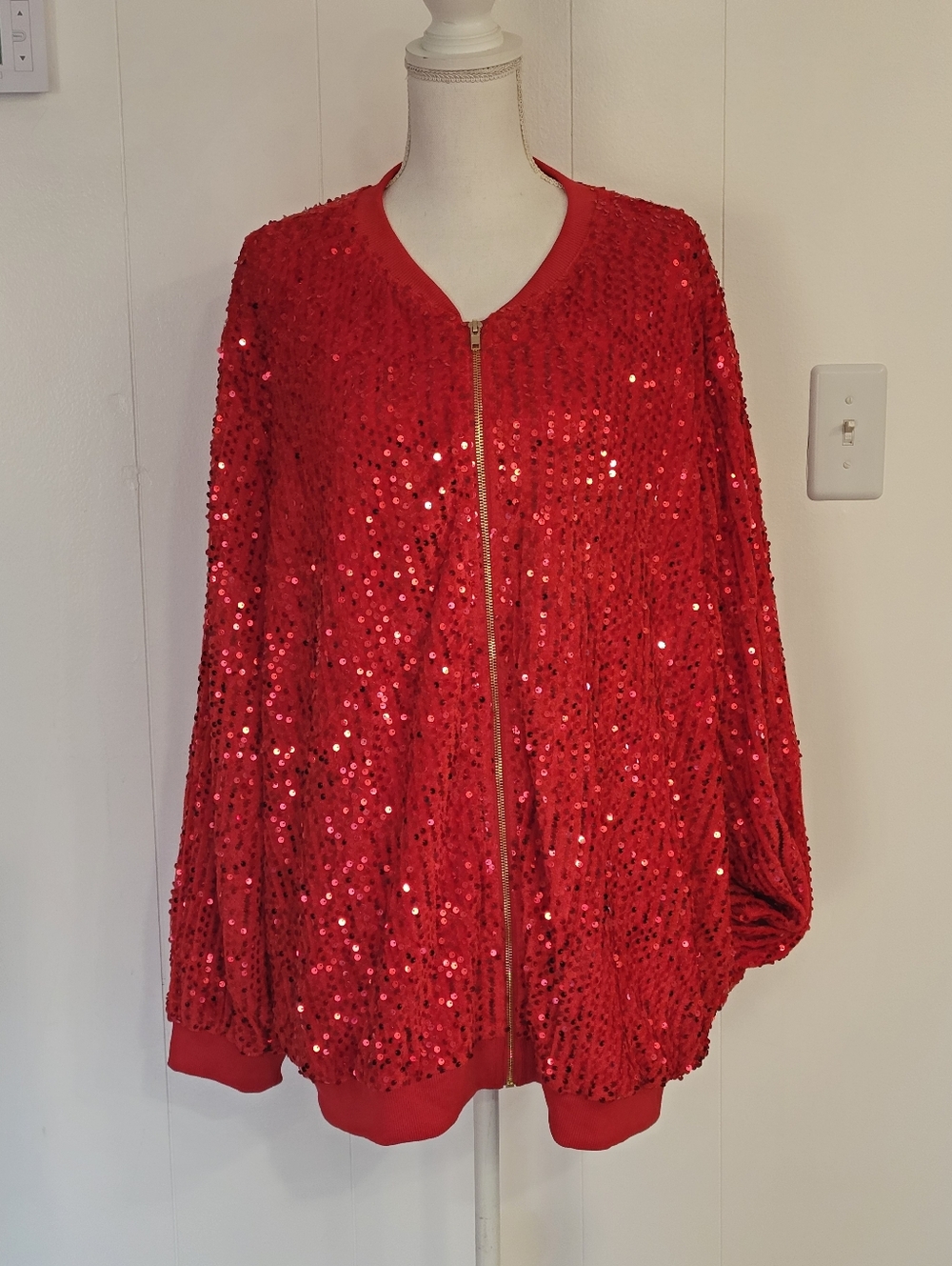 Red Sequin Zip-Front Bomber Jacket